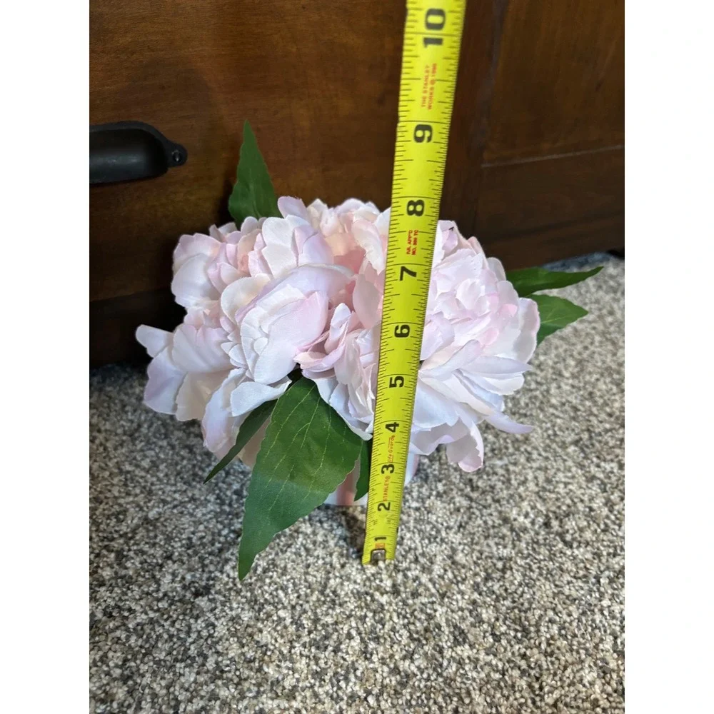 Pink Faux Peony Floral Arrangement in Pink White Striped Pot Decorative Accent